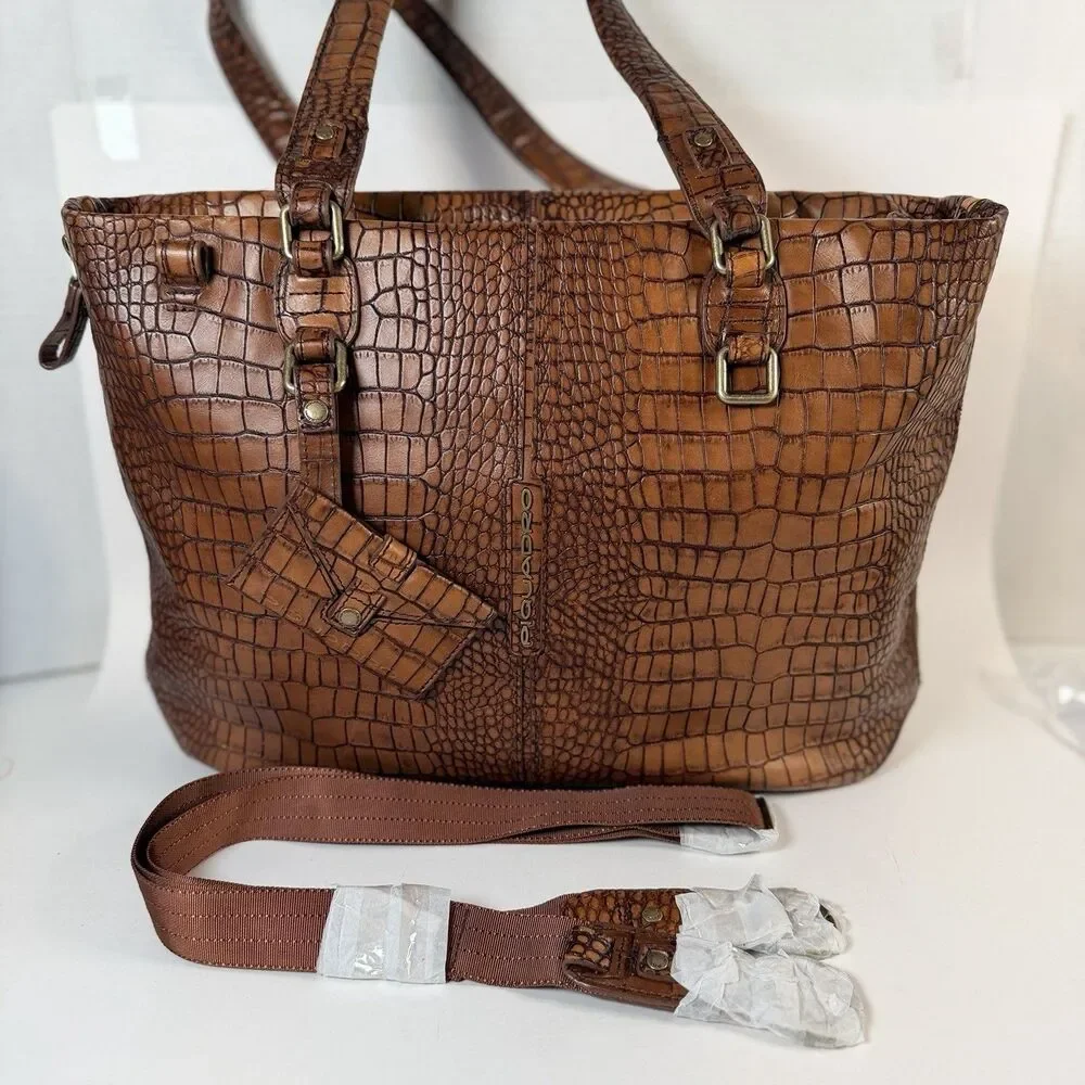 Piquadro Croc-Embossed Italian Leather Laptop Tote Briefcase Expandable Fits 14”